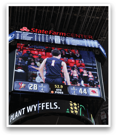 A basketball game is being displayed on a large screen. AI generated content