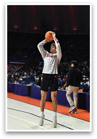 A man in a white shirt and black shorts is jumping up to shoot a basketball. AI generated content