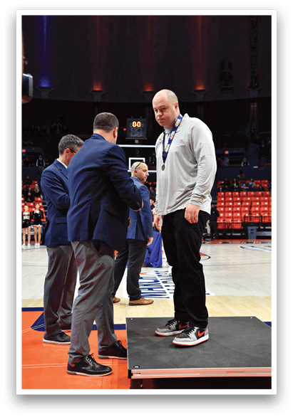 Three men wearing suits are standing on a basketball court. AI generated content