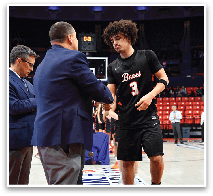 Two men are talking on a basketball court. One man is wearing a black shirt and shorts. AI generated content