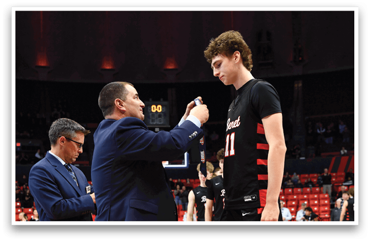 Two men are standing on a basketball court, one of them holding a cell phone. AI generated content