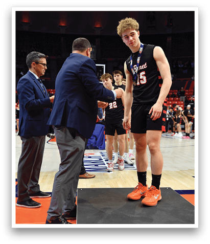 A man in a suit is talking to a basketball player. AI generated content