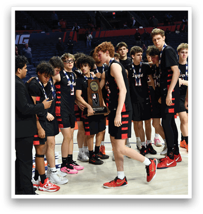 A group of young men in black basketball uniforms are standing on a basketball court. They are holding a trophy and posing for a photo. AI generated content