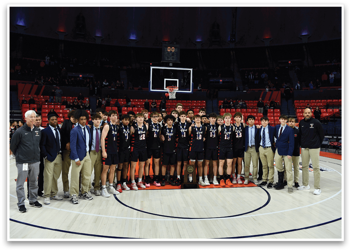 A group of young men in black shirts and ties stand on a basketball court, posing for a picture. AI generated content