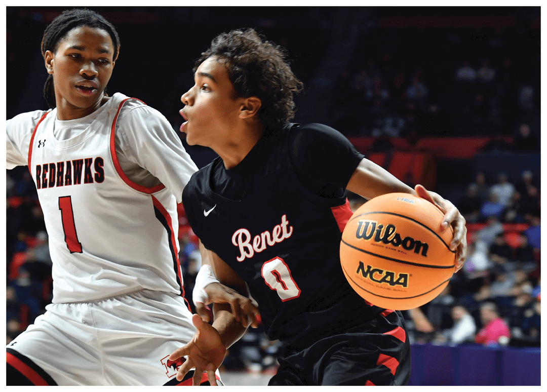 Two basketball players are playing on the court, one holding a basketball and the other trying to block him. AI generated content