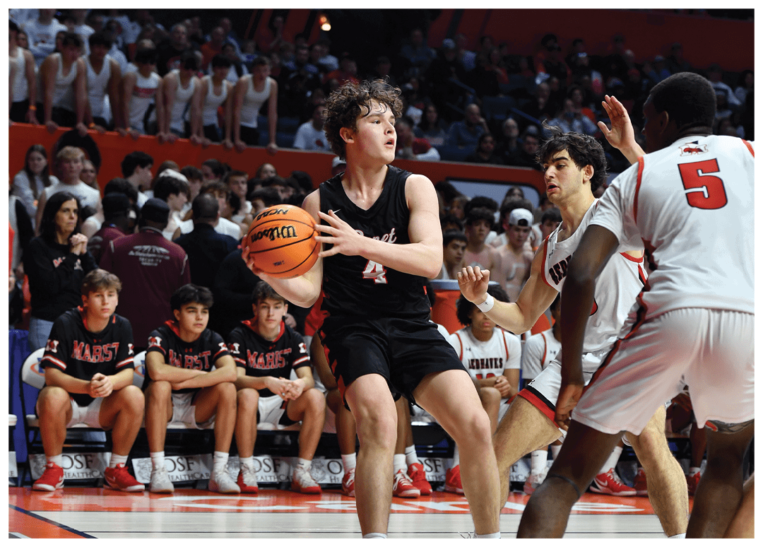 A basketball player is dribbling the ball while other players watch. AI generated content