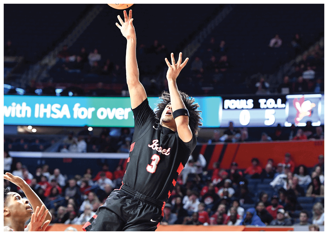 A basketball player leaps into the air to grab the ball. AI generated content