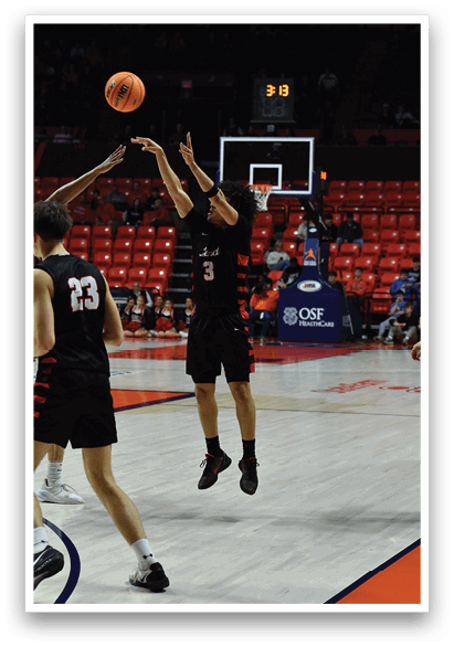 Two men are playing basketball, one of them is trying to block the other's shot. AI generated content