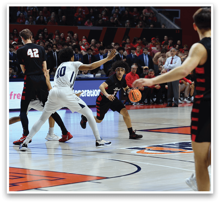 Basketball players on a court with a crowd watching. AI generated content