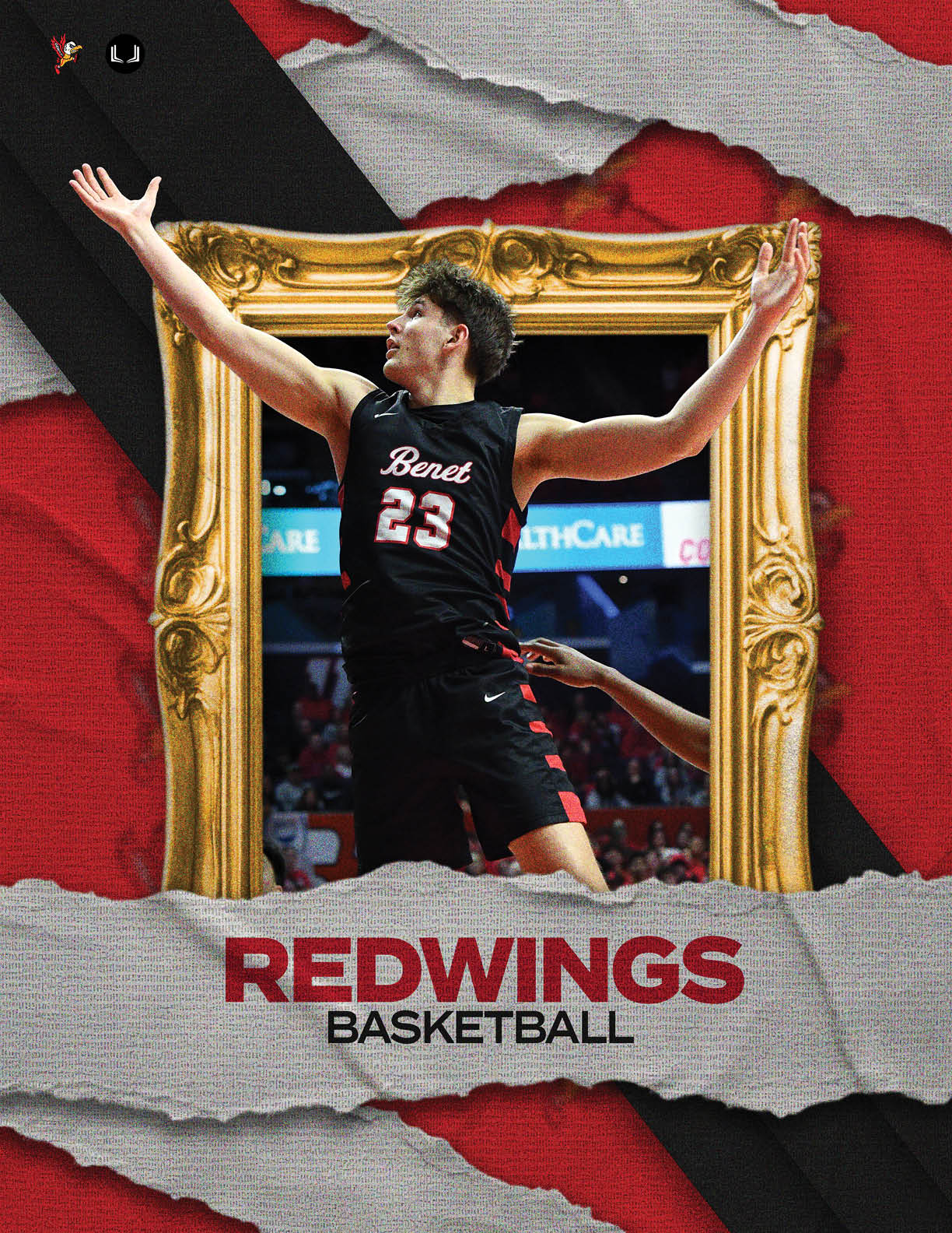 A man wearing a basketball uniform is holding his arms up in the air. AI generated content