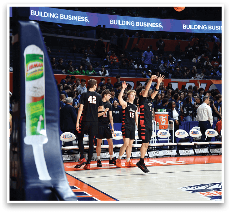 Basketball players celebrating with their hands in the air. AI generated content
