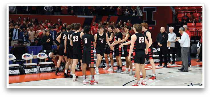 A group of young men wearing black uniforms are standing on a basketball court. AI generated content