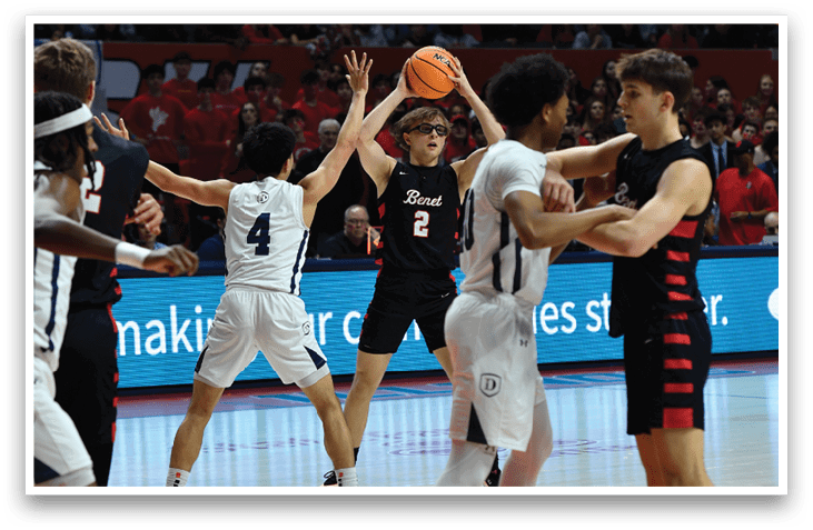 Basketball players on a court, one holding a basketball, another reaching for it. AI generated content