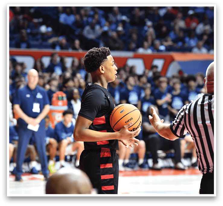 A basketball player holds a basketball while standing in front of a referee. AI generated content