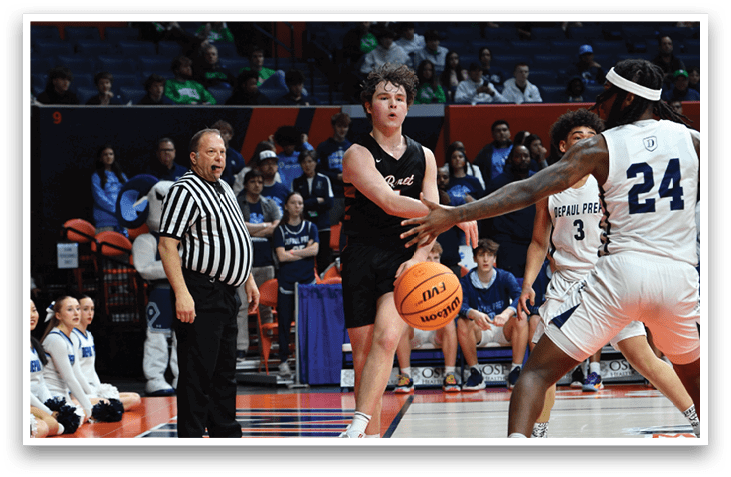 Two basketball players are on the court, one of them is trying to block the other's shot. AI generated content