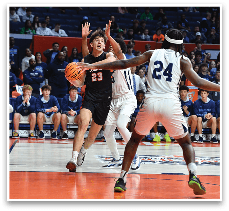 Two basketball players are playing on the court, one is trying to block the other's shot. AI generated content