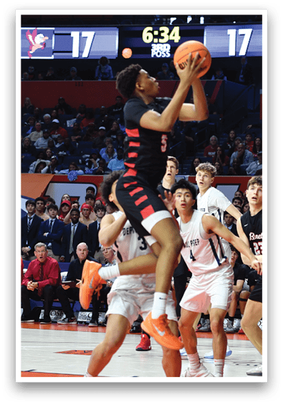 A basketball player is jumping in the air to shoot the ball. AI generated content