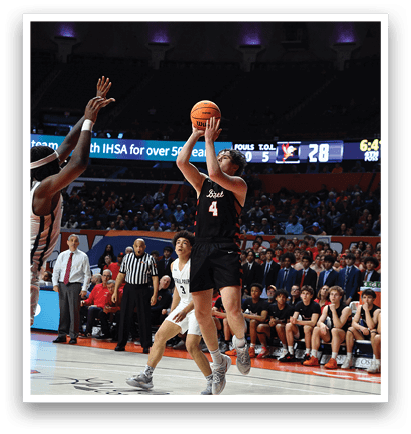 A basketball player is attempting to shoot the ball while being guarded by another player. AI generated content