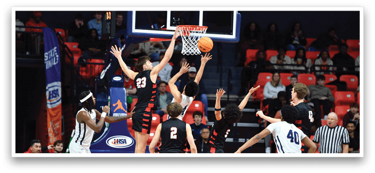 A group of men are playing basketball, with one player jumping to block a shot. AI generated content
