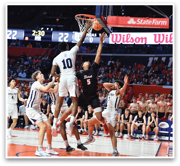 A basketball player leaps into the air to block a shot. AI generated content