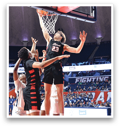 Two basketball players are fighting for a rebound, one of them is wearing number 22. AI generated content