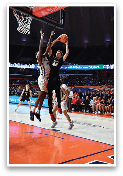 Two basketball players are leaping into the air to fight for the ball. AI generated content