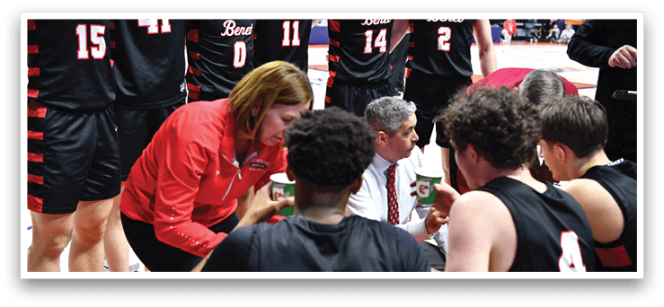 A group of men in black jerseys are gathered around a man in a red shirt. AI generated content