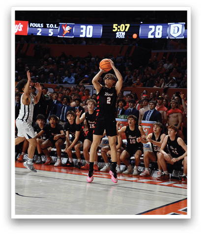 A basketball player is dribbling the ball while other players watch. AI generated content