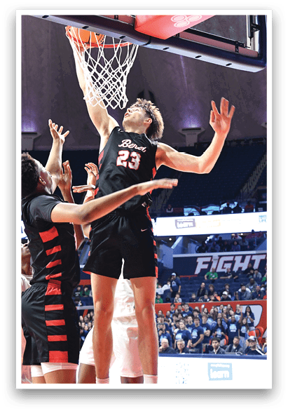 Two basketball players are fighting for a rebound, one of them is wearing number 22. AI generated content