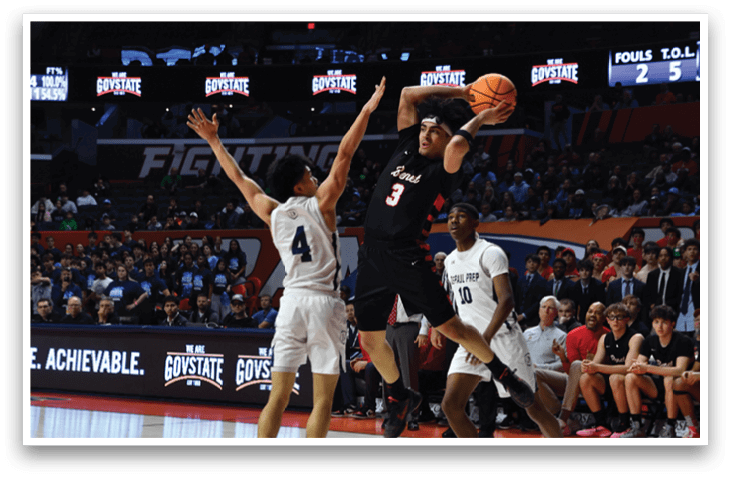 Two basketball players are on the court, one is trying to block the other's shot. AI generated content
