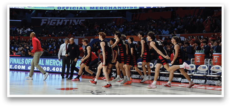 A group of basketball players wearing red and black uniforms are walking onto the court. AI generated content