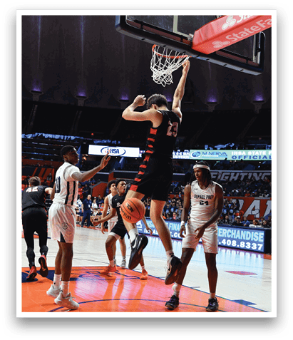 A basketball player is jumping in the air to make a shot. AI generated content