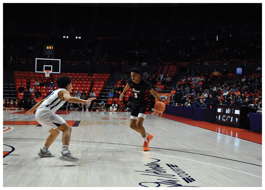 Two basketball players on a court, one with a ball and the other trying to block him. AI generated content