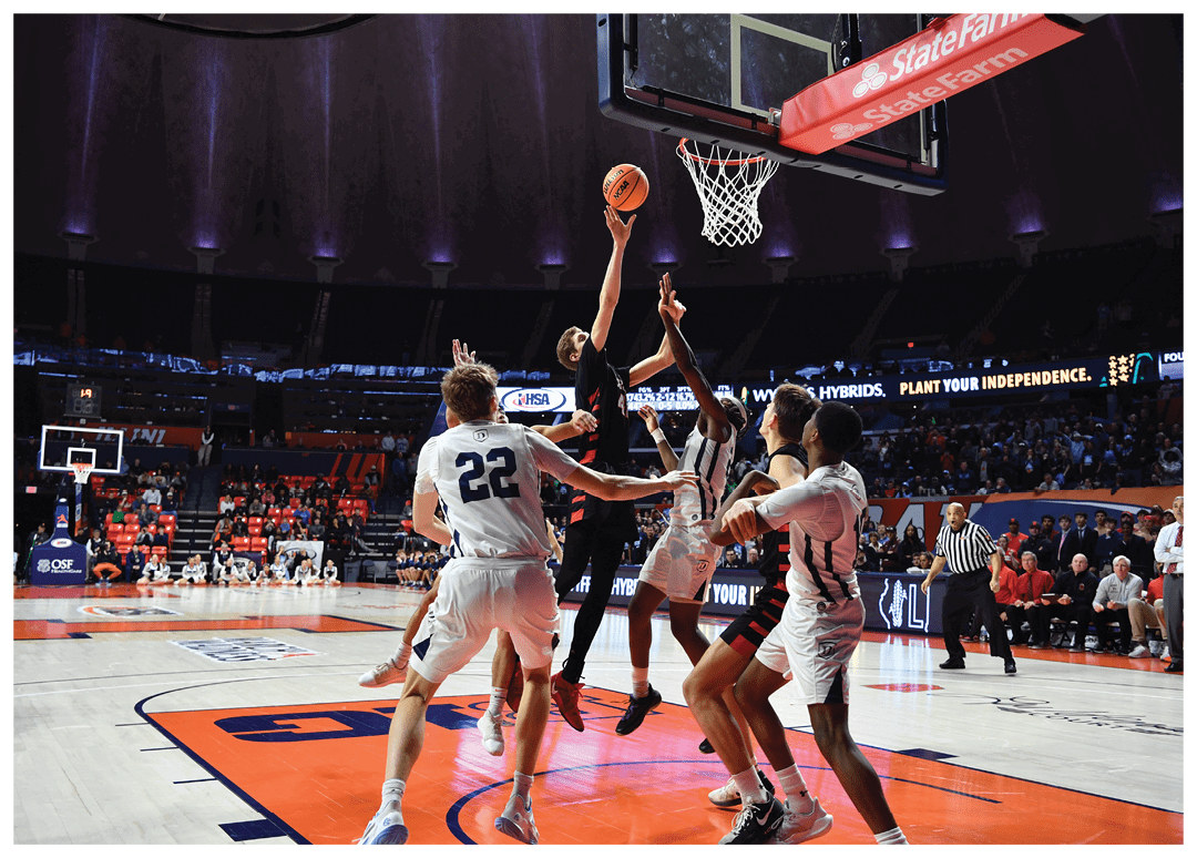 Basketball players on a court, one of them jumping to block a shot. AI generated content