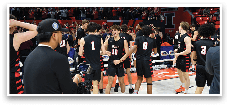 A group of men in black jerseys are celebrating on the court. AI generated content
