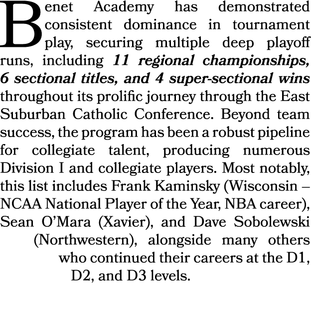 Benet Academy has demonstrated consistent dominance in tournament play, securing multiple deep playoff runs, includin...