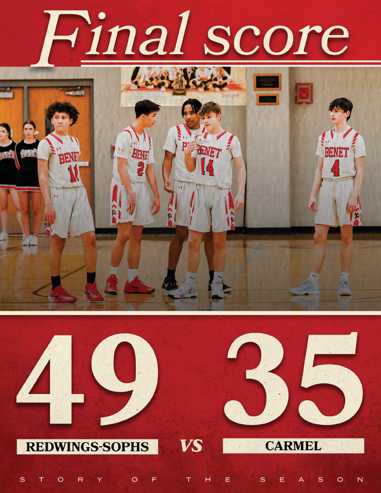 A group of young men are standing on a basketball court, wearing red and white uniforms. The score is 49 to 35, with the team in red leading. AI generated content
