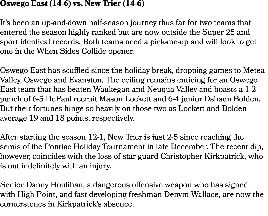 Oswego East (14 6) vs. New Trier (14 6) It’s been an up and down half season journey thus far for two teams that ente...