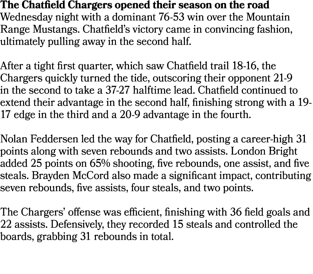 The Chatfield Chargers opened their season on the road Wednesday night with a dominant 76 53 win over the Mountain Ra...