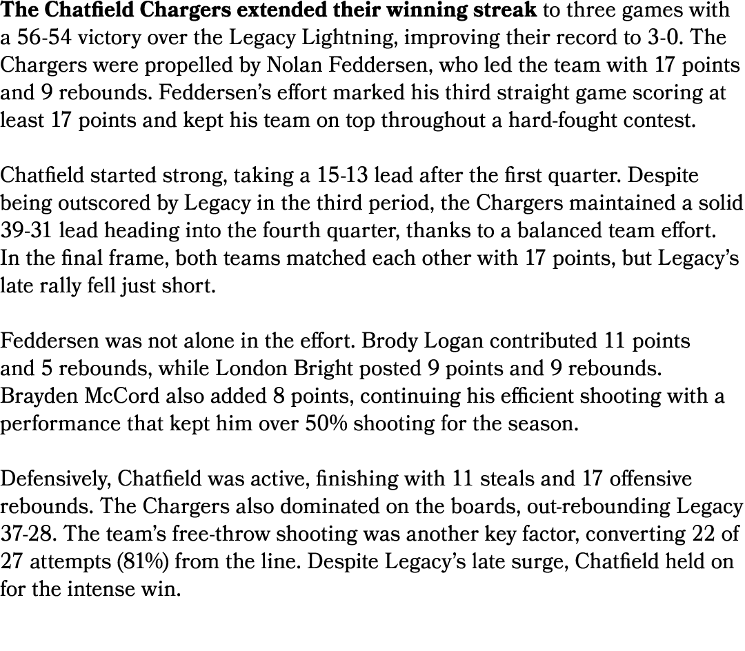 The Chatfield Chargers extended their winning streak to three games with a 56 54 victory over the Legacy Lightning, i...