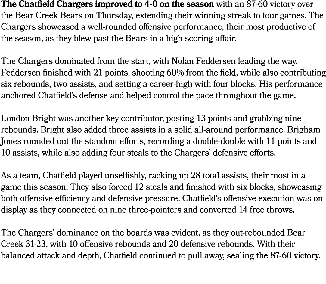 The Chatfield Chargers improved to 4 0 on the season with an 87 60 victory over the Bear Creek Bears on Thursday, ext...