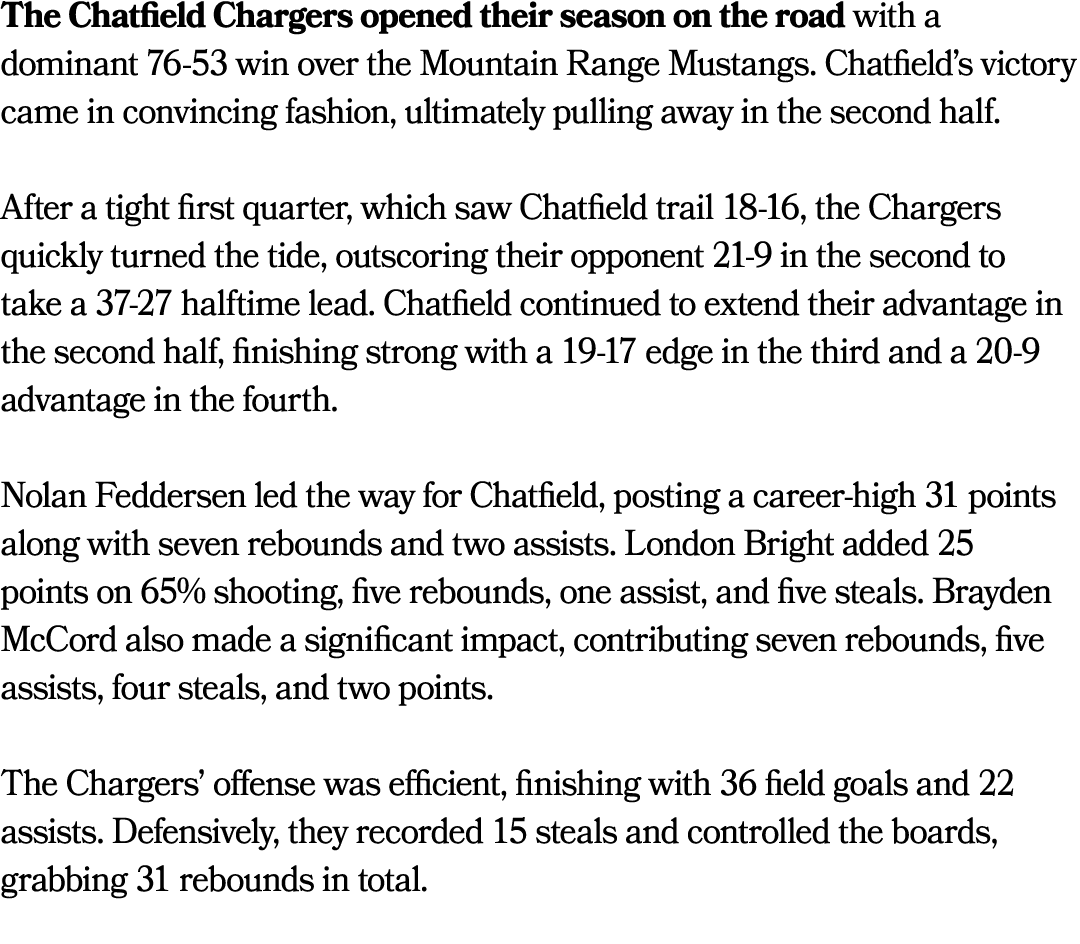 The Chatfield Chargers opened their season on the road with a dominant 76 53 win over the Mountain Range Mustangs. Ch...