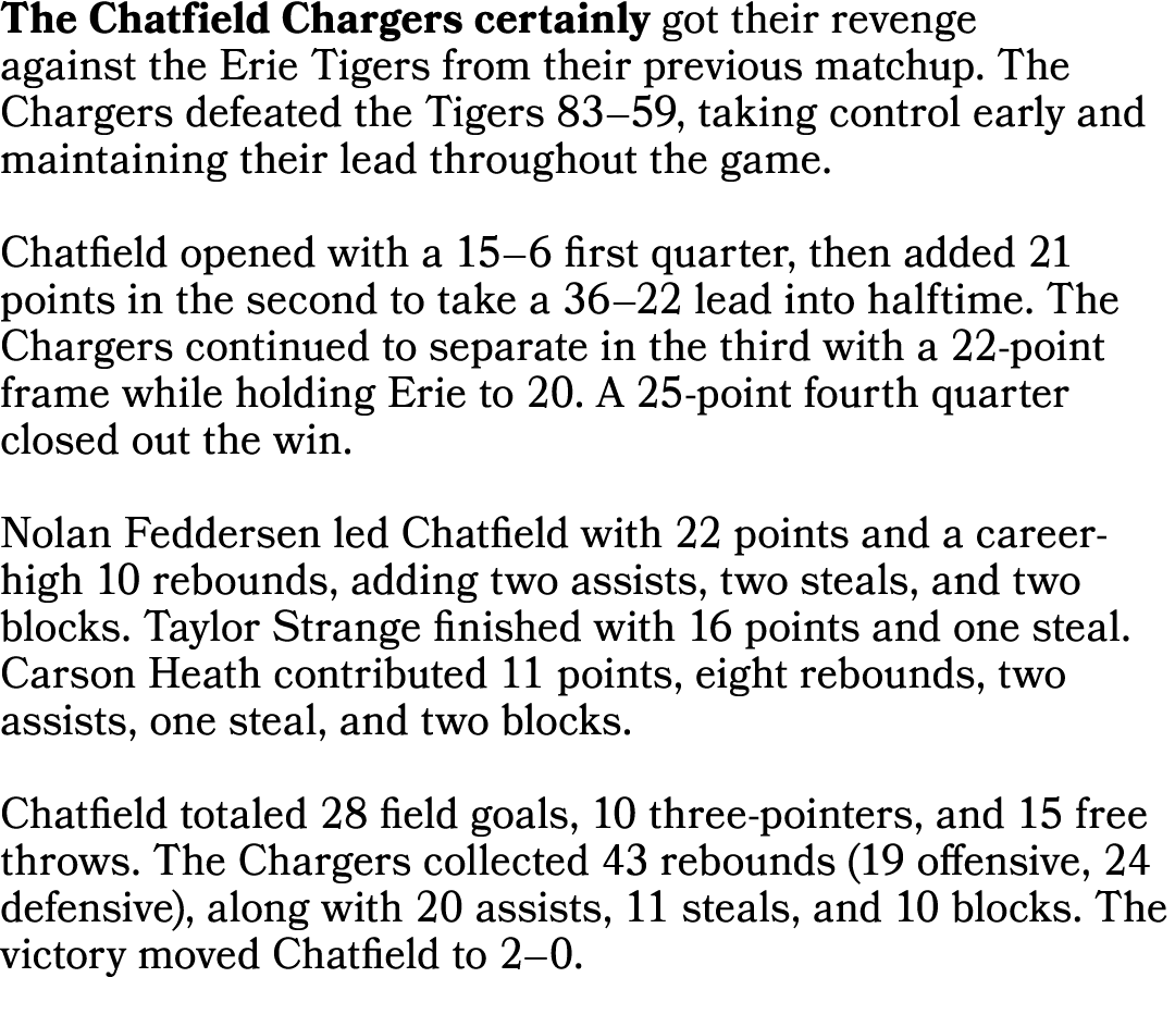 The Chatfield Chargers certainly got their revenge against the Erie Tigers from their previous matchup. The Chargers ...