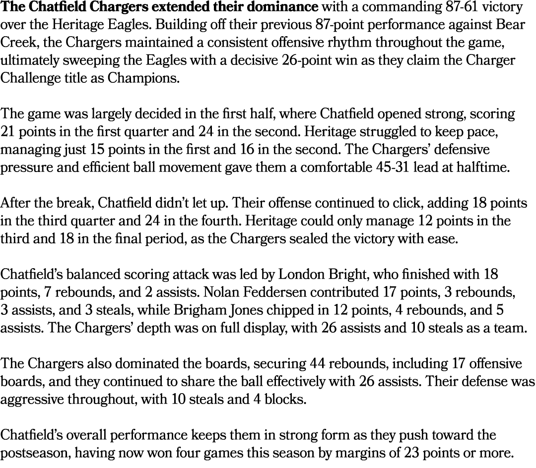 The Chatfield Chargers extended their dominance with a commanding 87 61 victory over the Heritage Eagles. Building of...