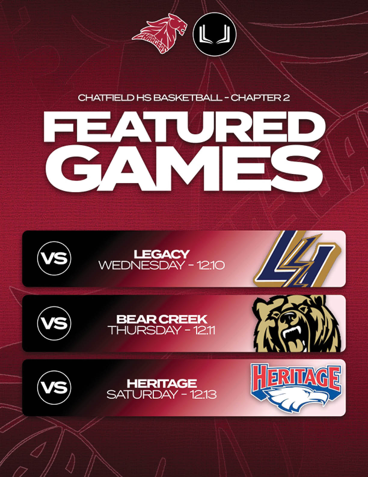 A red poster advertising a basketball game between Legacy and Heritage. AI generated content