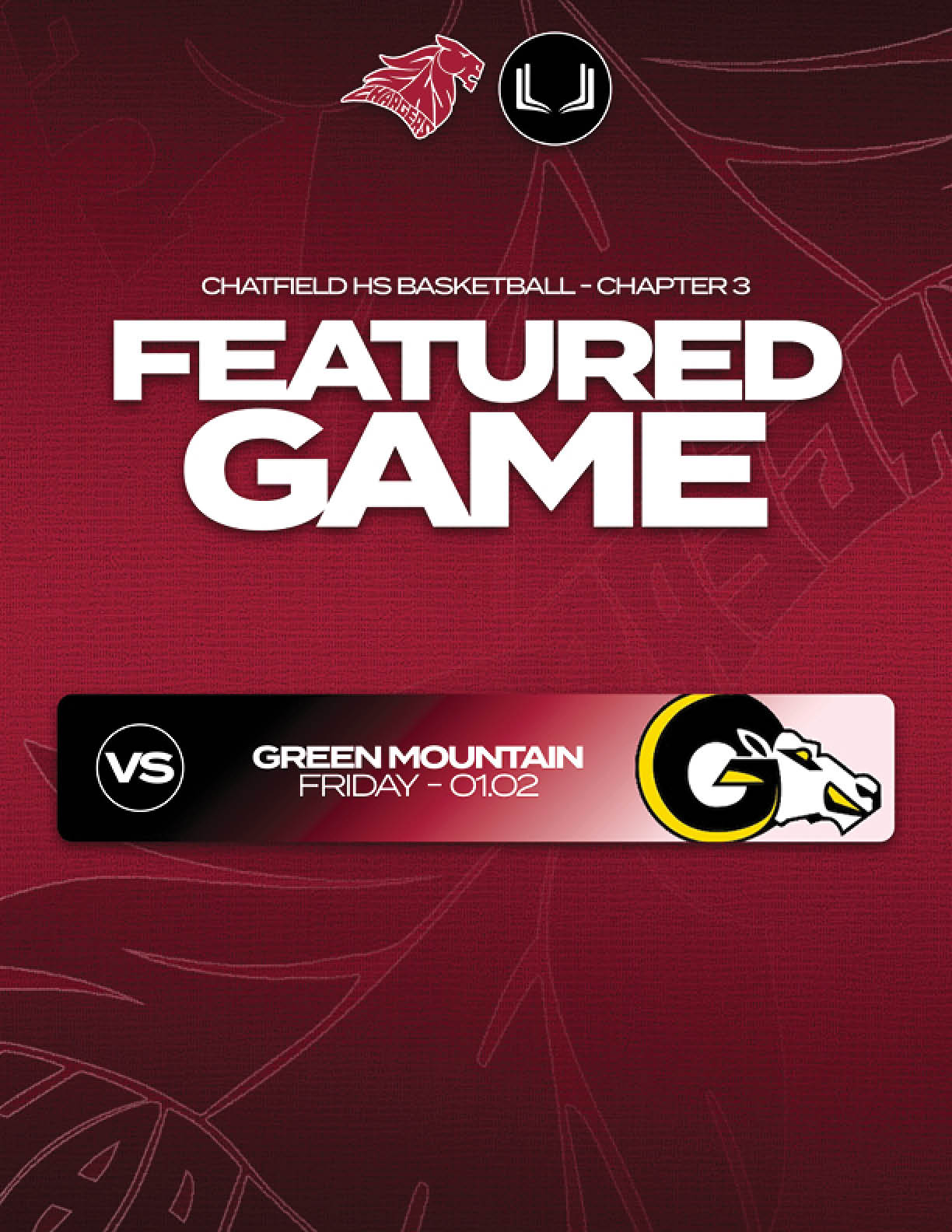 A red and black poster advertising a basketball game between Chaffey and Green Mountain. AI generated content