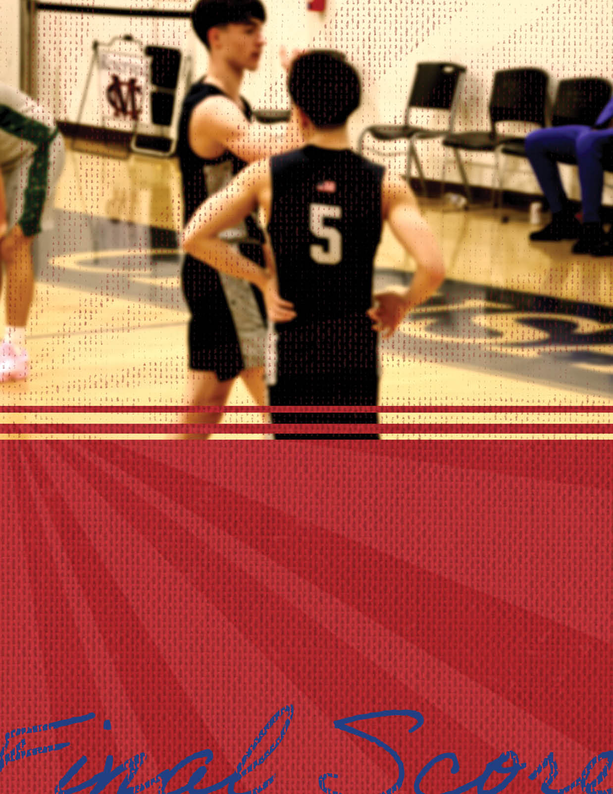 Two people are standing on a basketball court, one of them wearing a black shirt with the number 5 on it. AI generated content