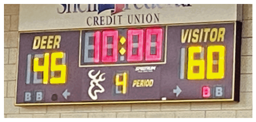 A scoreboard in a gym shows the score of a basketball game. AI generated content