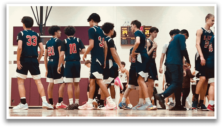 A group of basketball players wearing blue uniforms are standing on a basketball court. AI generated content