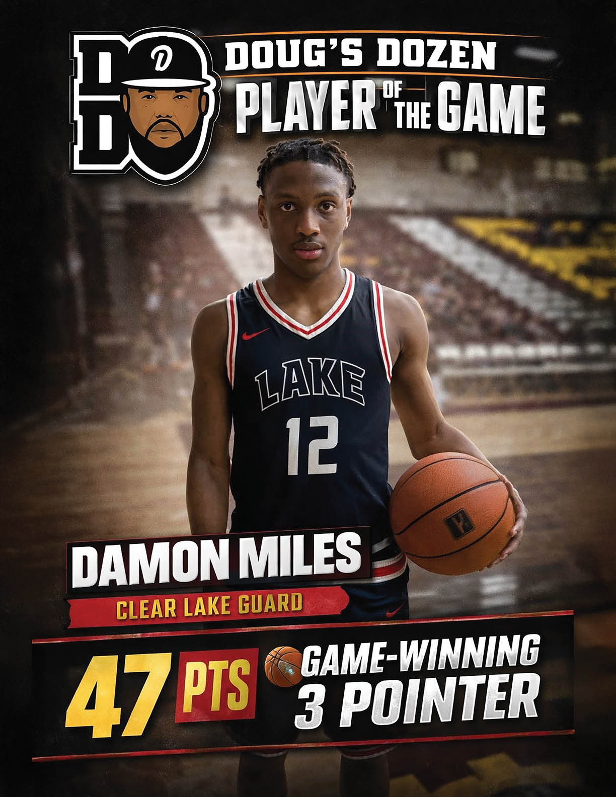 A basketball player holding a basketball and wearing a Lake guard jersey. AI generated content